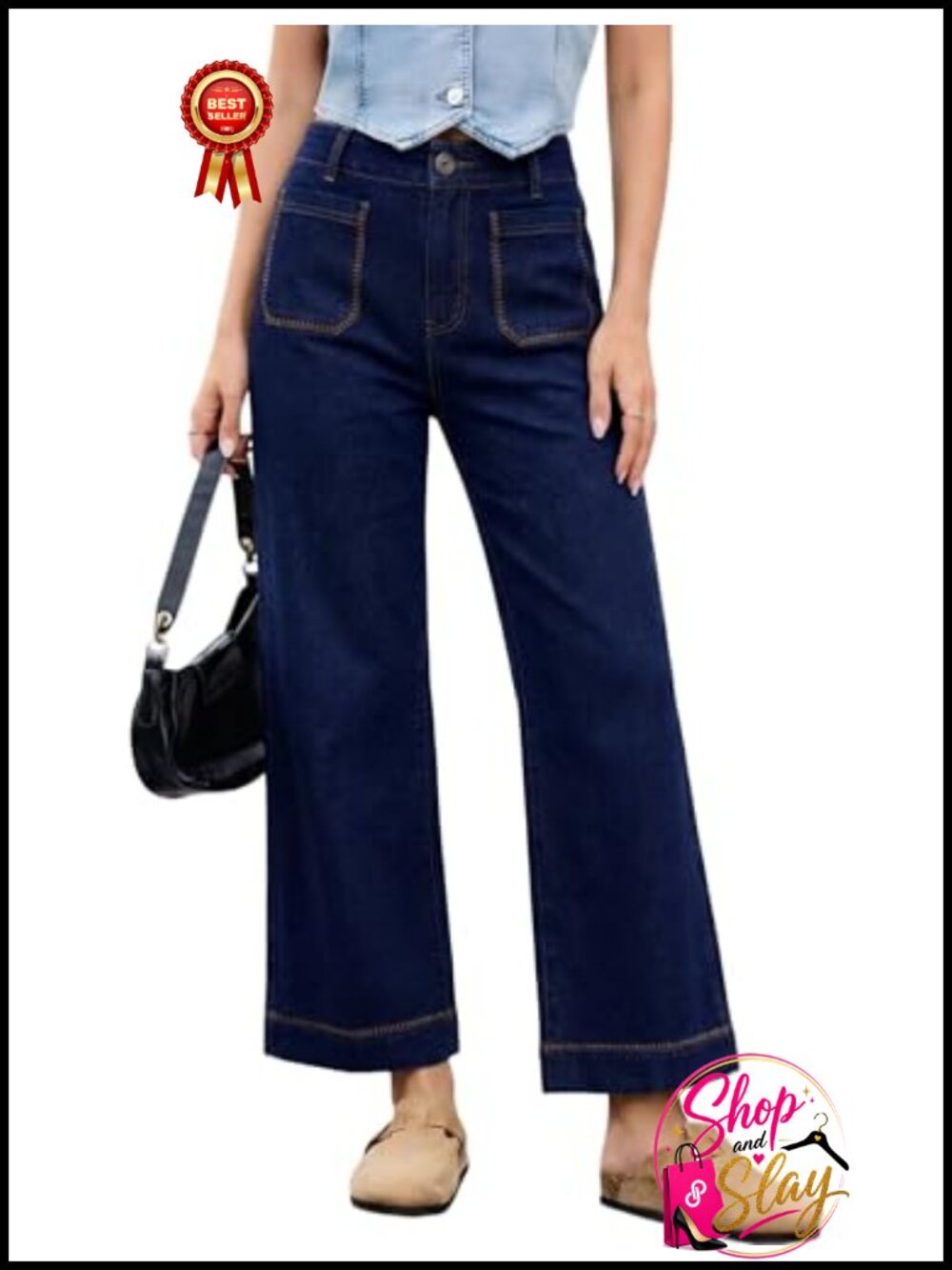 Womens Wide Leg High Rise Cropped Ankle Stretchy Straight Jeans Contrast